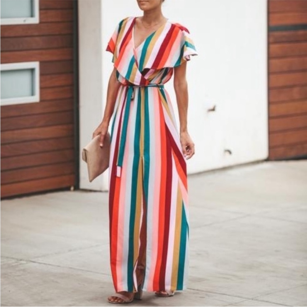 Vici Striped Ruffle Neck Maxi Dress Size Small